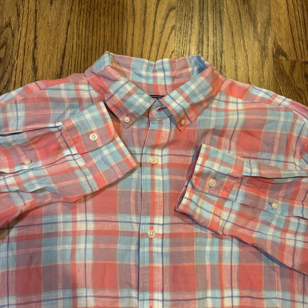 Vineyard Vines Men's Linen Classic Fit Murray‎ Shirt Pink Green   Plaid Size XL